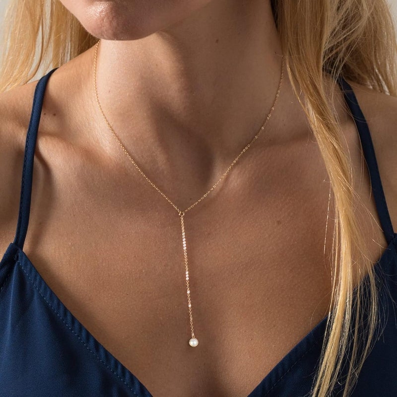 Tewiky Lariat Necklace for Women, Dainty Long Necklaces 14k Gold Plated Heart Pearl CZ Teardrop Pendant Necklace Simple Drop Necklace Trendy Y Necklace Fashion Jewelry for Women - Image 3
